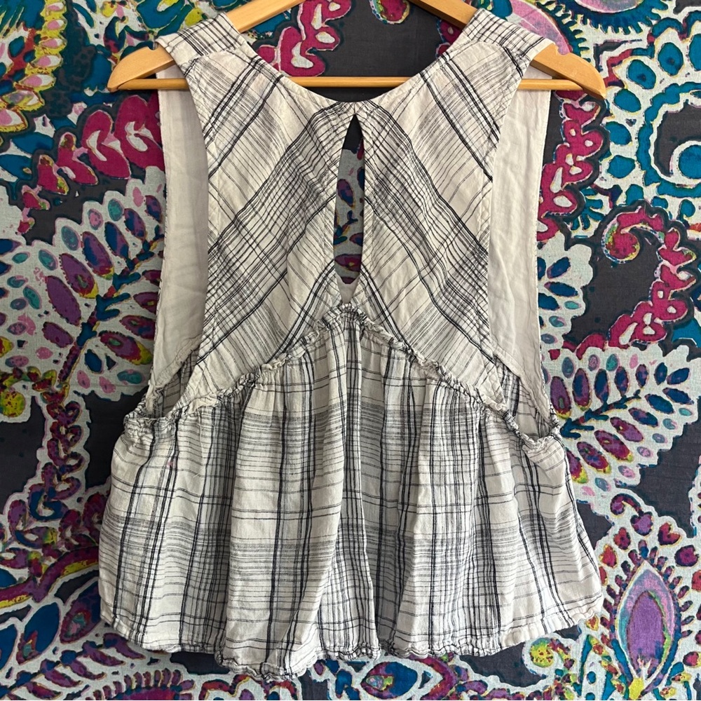 Urban Outfitters UO Linen Melody Plunging Babydoll Top Medium Gray White Plaid - Picture 6 of 11